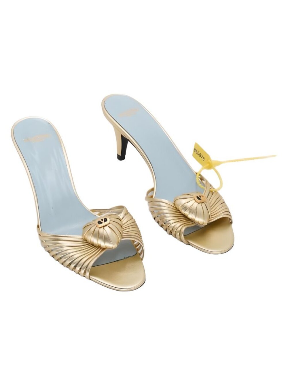 Valentino Garavani Gold Metallic Pleated V-Logo Royale Slide Sandals Sz 6.5M